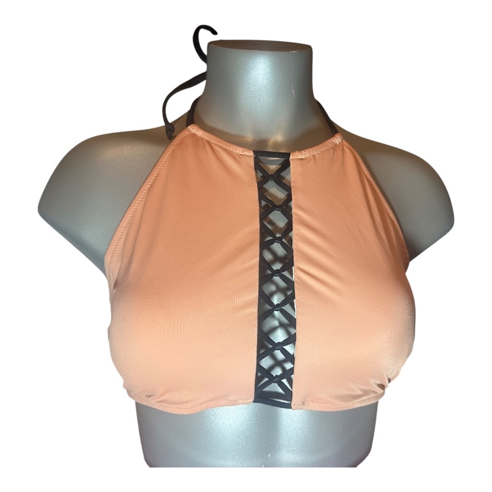 Victoria's Secret PINK Peach w/ Black Strappy High Neck Swim Top LARGE No Tag
